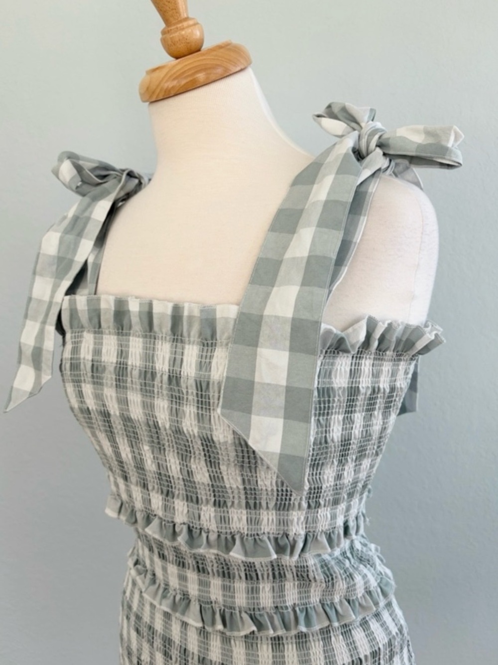 MABLE Allison Smocked Sage Gingham Check Mini Dress - Picture 8 of 14